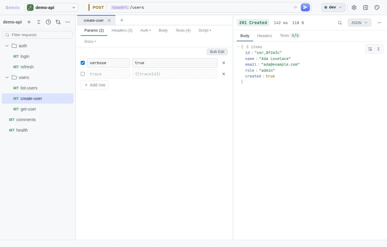 Senda API client showing a request and response in its desktop interface